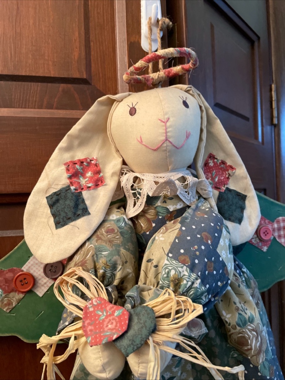 Primitive Angel BUNNY RABBIT Cloth Doll Wooden Wings Country Cottage Wall Hang